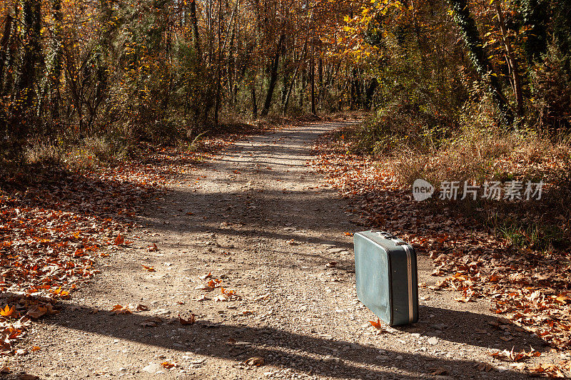 秋天泥泞路上的老式行李箱