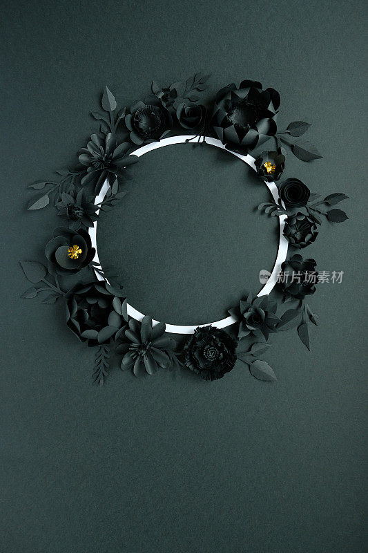 黑色纸花，花的背景，新娘花束，婚礼，鹅毛，圆框