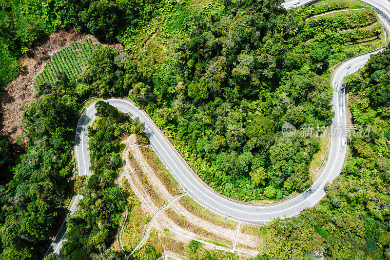 穿过绿色山丘的道路鸟瞰图