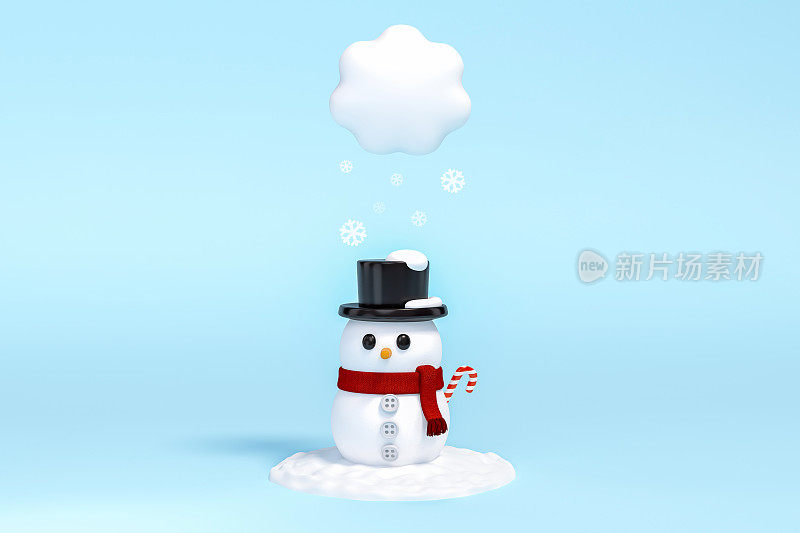 突出可爱的雪人下的雪花在粉彩蓝色的背景3d渲染。
