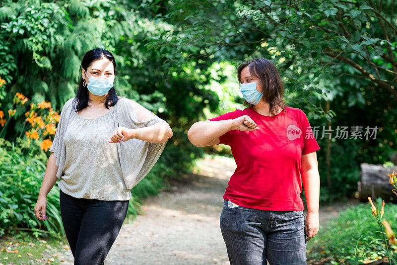戴着防护口罩的朋友们在公园户外进行2019冠状病毒病肘撞