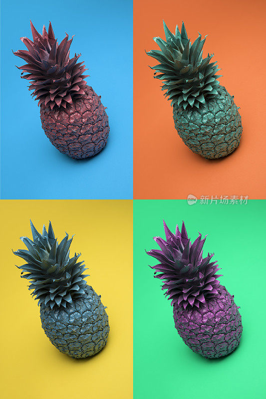 波普艺术四个不同颜色的菠萝