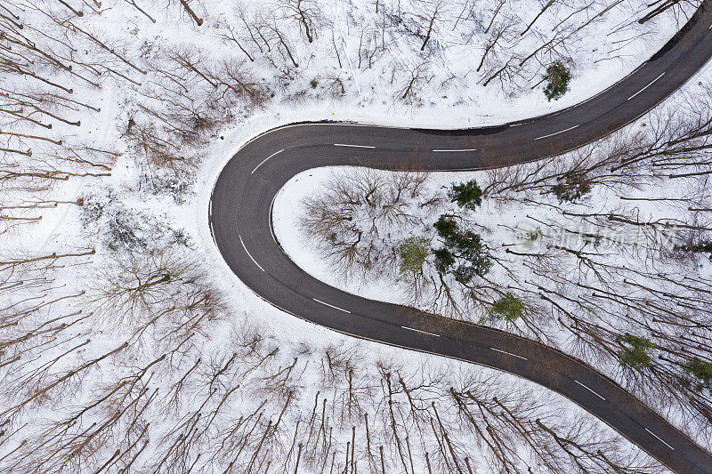 鸟瞰图，蜿蜒的乡村道路在冬天