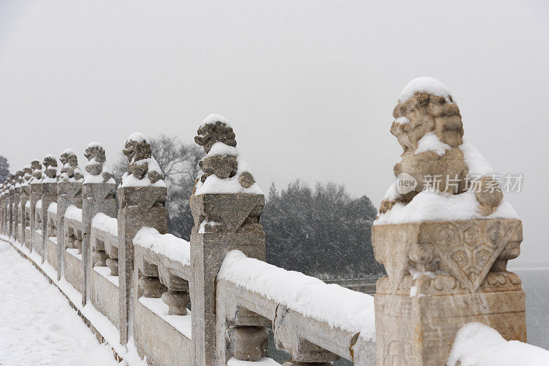 雪中，北京颐和园十七孔桥上的石狮