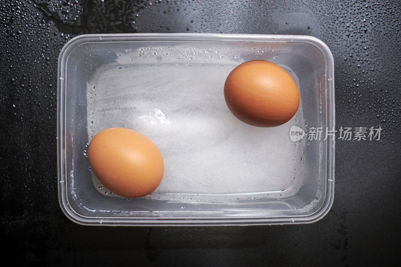 在黑色的背景上，新鲜的鸡蛋在塑料盒子里。家禽产品肥力与营养的概念。白碗里的新鲜生禽蛋，白色背景。从上面近距离拍摄的蛋壳。