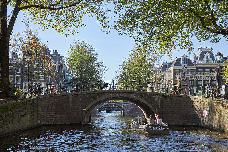 从阿姆斯特丹的水上看城市运河桥