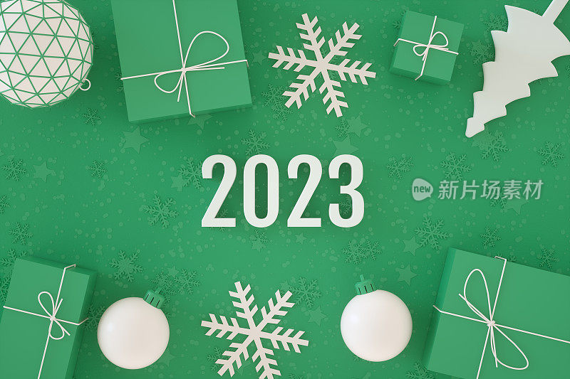 2023年新年，绿色背景的圣诞装饰品