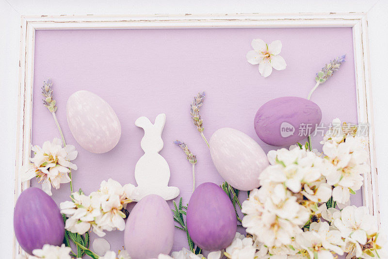 一个白色的复活节兔子形状，粉红色和紫色的复活节蛋之间的杏仁花枝在一个紫色的表面，由一个白色的老式相框框