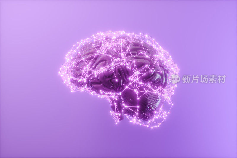 三维人脑与连接点和神经丛线。人工智能和深度学习概念。3D渲染