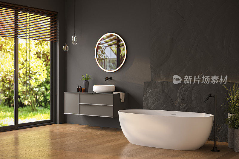 现代浴室内饰，白色浴缸和别致的梳妆台，黑色墙壁，拼花地板。