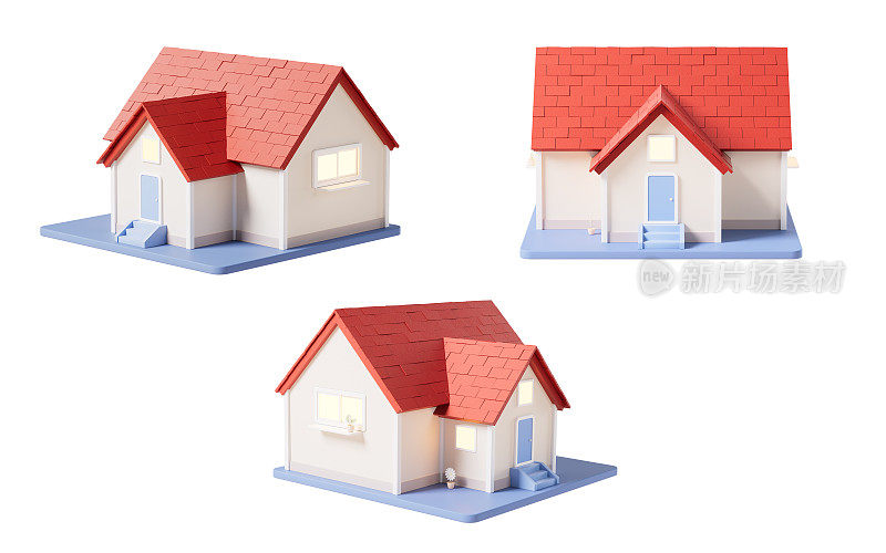 3D卡通房屋，住宅房屋，3D渲染。