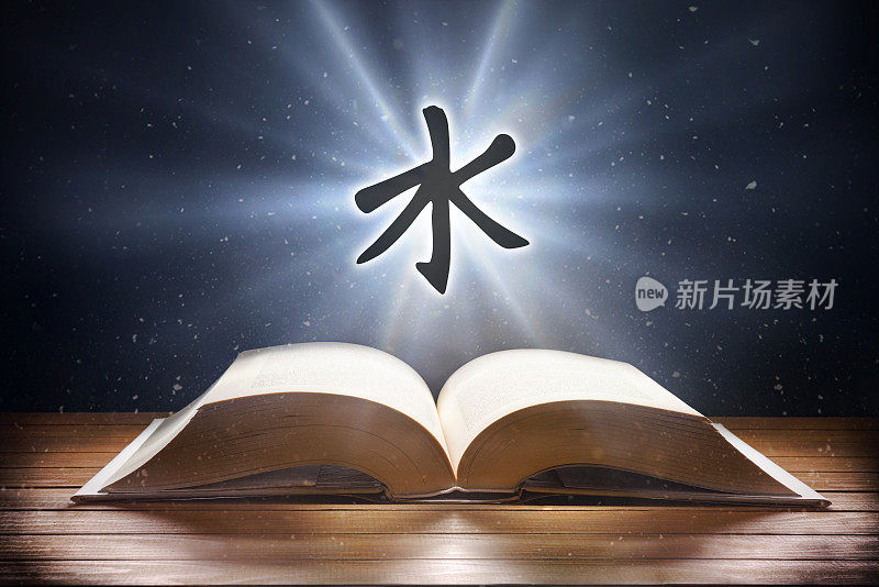 打开木桌上的书和儒家符号正面视图