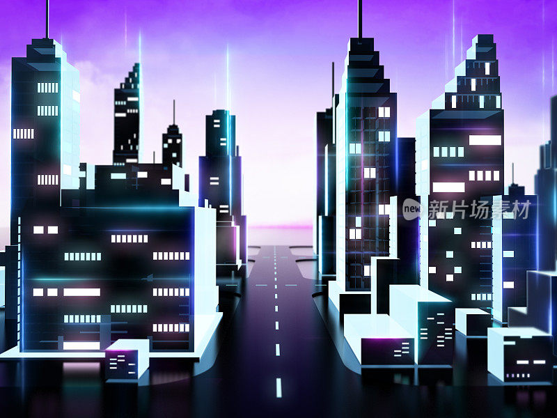 风格化的未来城市在紫色和蓝色的色调。元宇宙背景概念