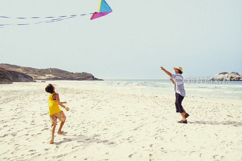 父亲和儿子在沙滩上玩风筝
