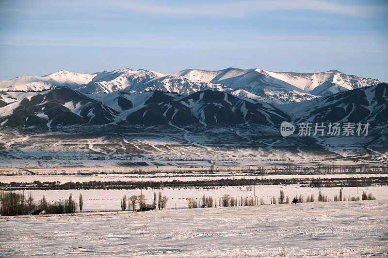 雪地的冬季视图，背景是遥远的山脊