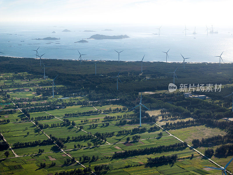 海滩农场防护林中的风力发电场鸟瞰图