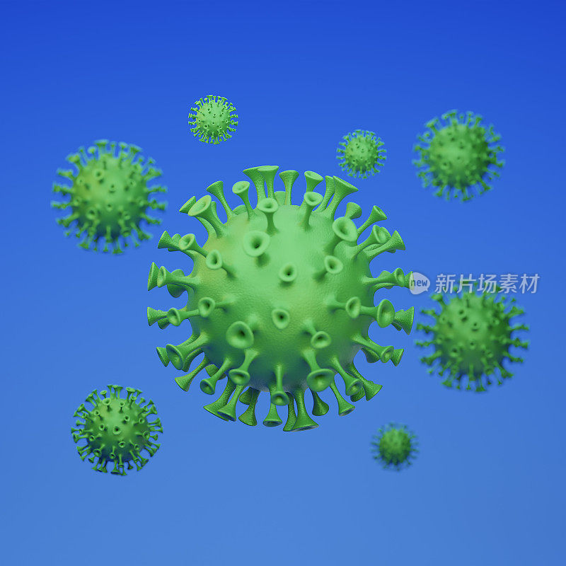 疾病呼吸道冠状病毒2019-ncov流感爆发3D医学插图。流感病毒漂浮细胞的显微镜观察。危险疾病冠状病毒、SARS大流行风险概念