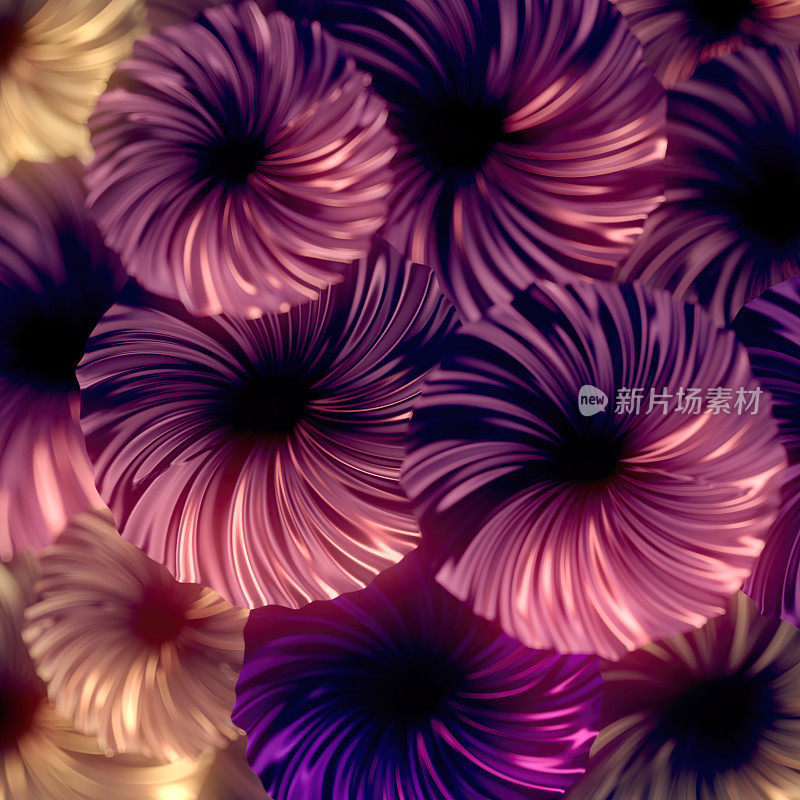 魔术花束的紫色闪闪发光的花朵，数字插图与景深效果。三维渲染
