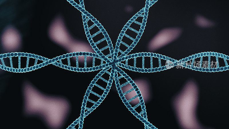 艺术DNA双螺旋结构:具有黑暗背景的交织DNA链的抽象3D渲染