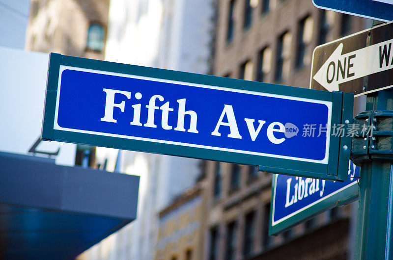 曼哈顿纽约公共图书馆外的第五大道指示牌