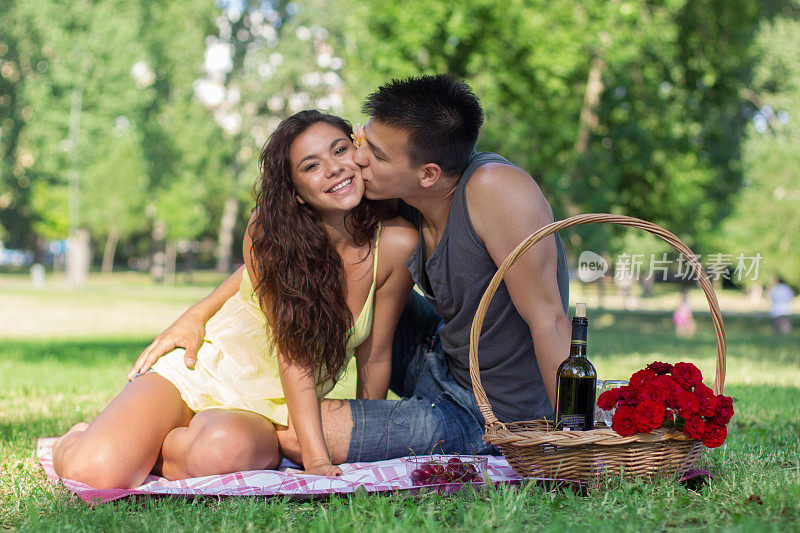 一个男人坐在草地上亲吻一个女人，野餐