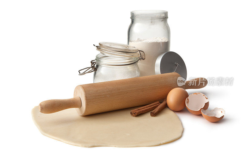 烘焙配料:面团，糖，擀面杖和肉桂