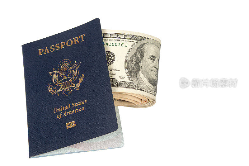 美国护照和美元钞票上的白色背景