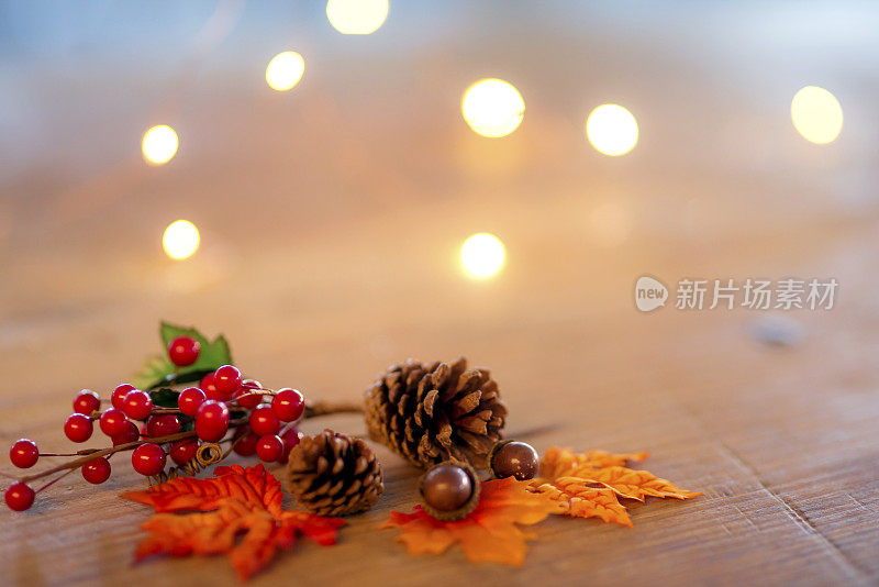 冬青和松果做成的节日桌面装饰