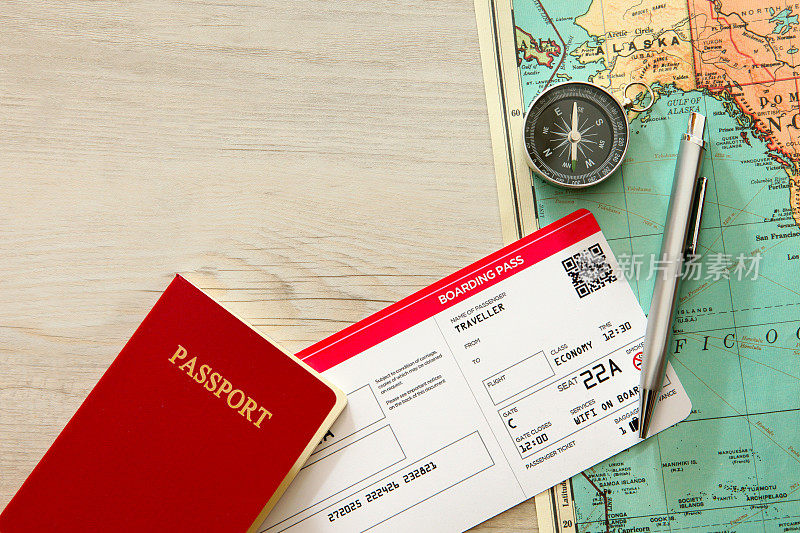 策划探险旅行:旅游机票、登机牌、护照、地图