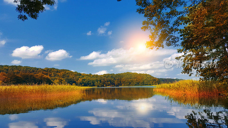 美丽的湖与阳光在秋天或秋天
