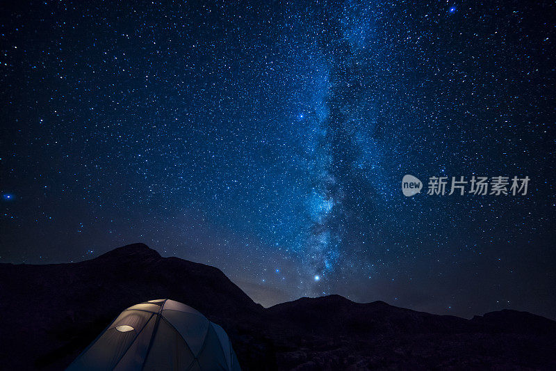 在科罗拉多圣胡安山脉的夜晚，在发光的帐篷上方的银河