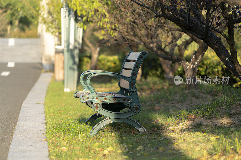 日落时公园草坪上的长椅