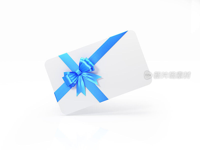 白色礼品卡与蓝色蝴蝶结领结在白色背景