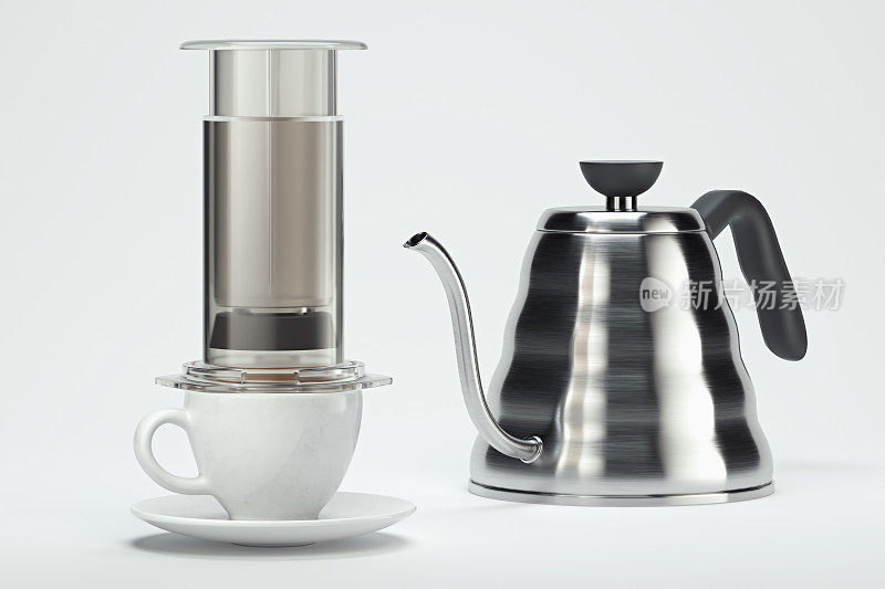 新鲜准备的黑咖啡在现代灰色机靠近白色咖啡杯。替代酝酿。三维渲染