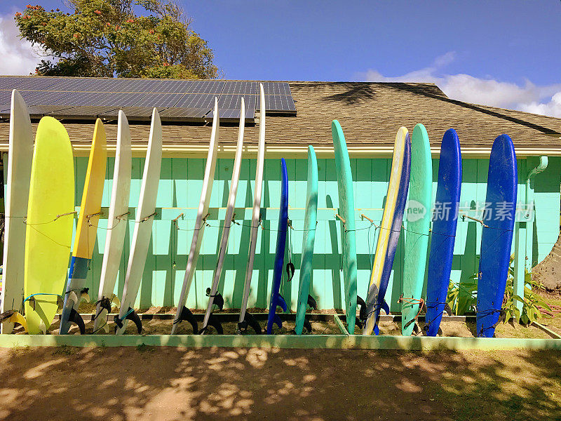 冲浪板陈列在夏威夷考艾岛海滩的运动器材租赁店