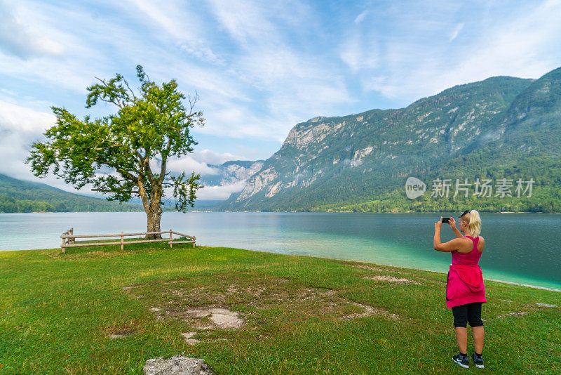 斯洛文尼亚戈伦斯卡的特里格拉夫国家公园，博欣湖岸边的游客和树木