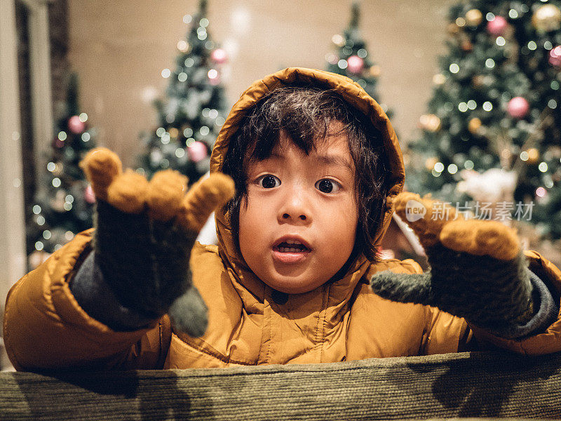 一个小男孩在圣诞装饰品中看着。