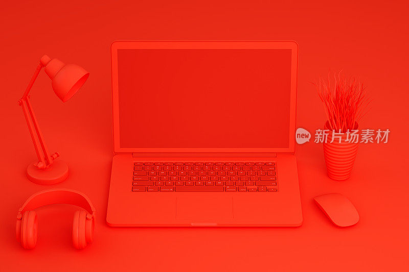 空屏幕笔记本电脑在红色背景