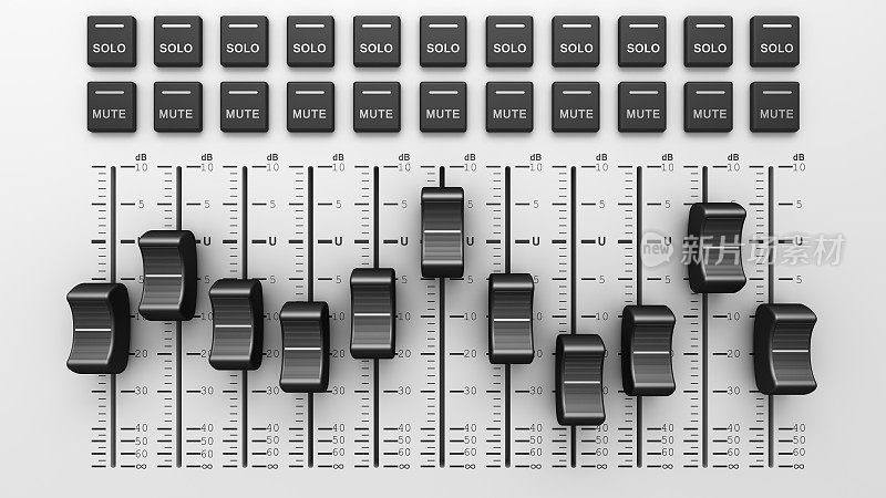 演播室混音控制台，面板与调节器和调节旋钮。数字均衡器。音量控制混音器。