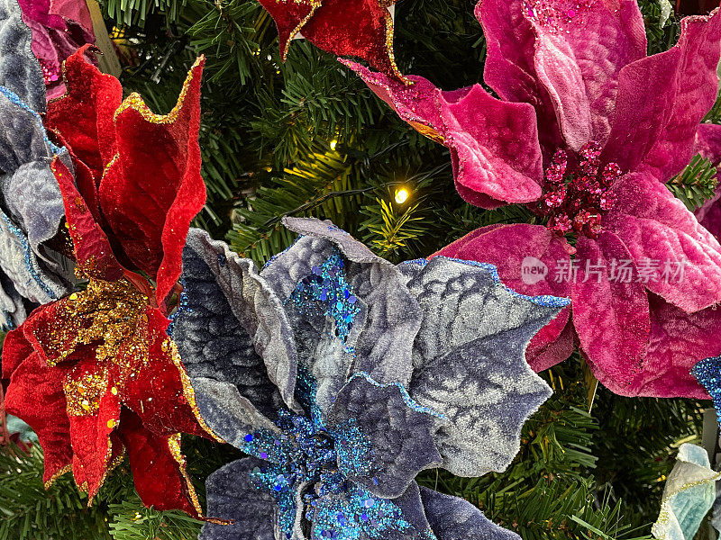 近距离的人工图像，绿色，粉红色，红色和紫色的一品红饰品挂在人造圣诞树的树枝上，云杉针，模糊的白色神仙灯的背景
