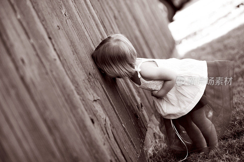 小女孩透过篱笆看