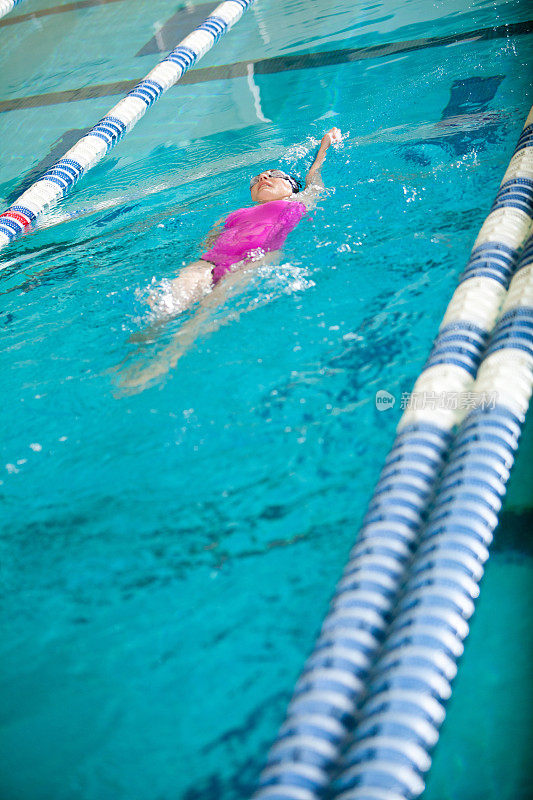游泳者在标准尺寸的泳池中做仰泳