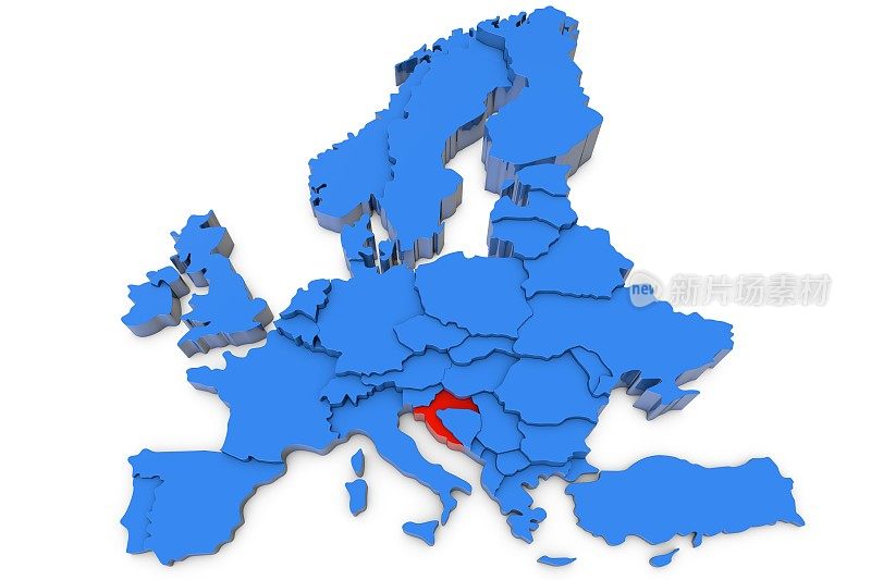 红色的克罗地亚是欧洲地图