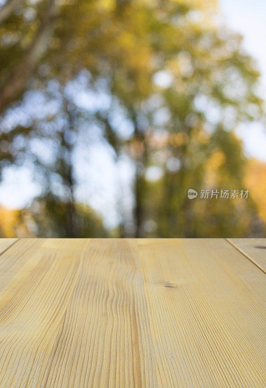古松野餐桌，天然木纹纹理。理想的位置上的产品和放置在前景的任何形象。有选择性的重点。非常浅的景深的软背景。以秋天的森林为背景。