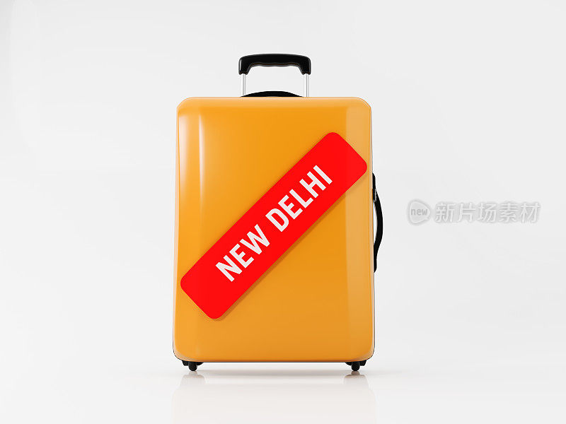黄色行李箱贴上红色新德里贴纸:旅行概念