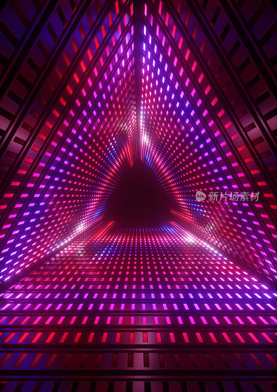 3d渲染，霓虹灯，三角形隧道，抽象几何背景