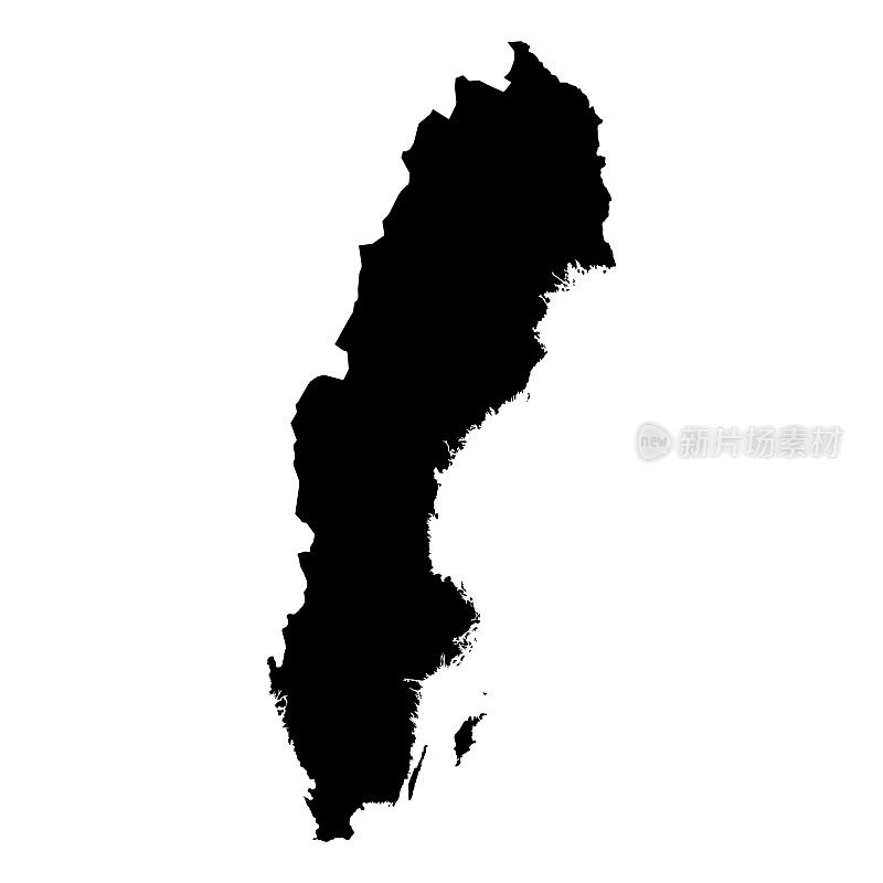瑞典黑色剪影地图轮廓孤立在白色3D插图