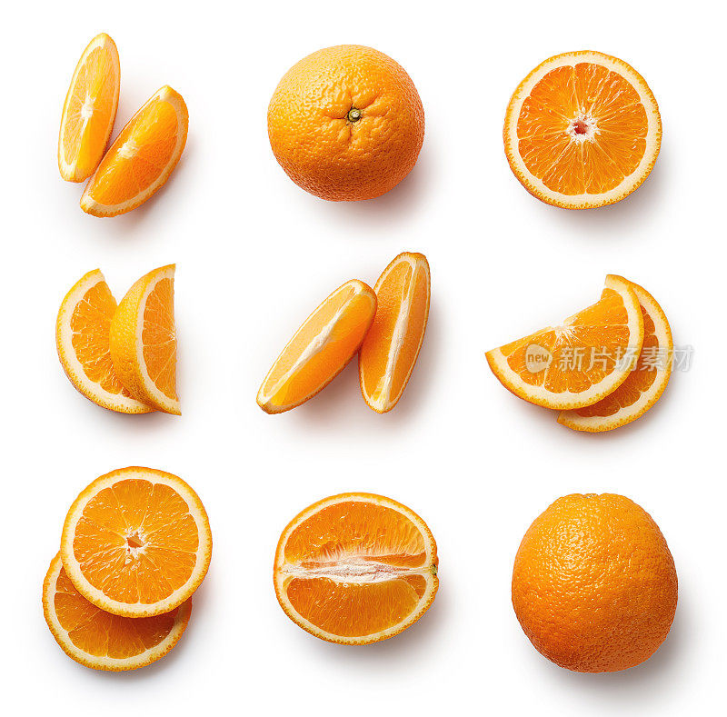 白色背景上分离出的新鲜橙子