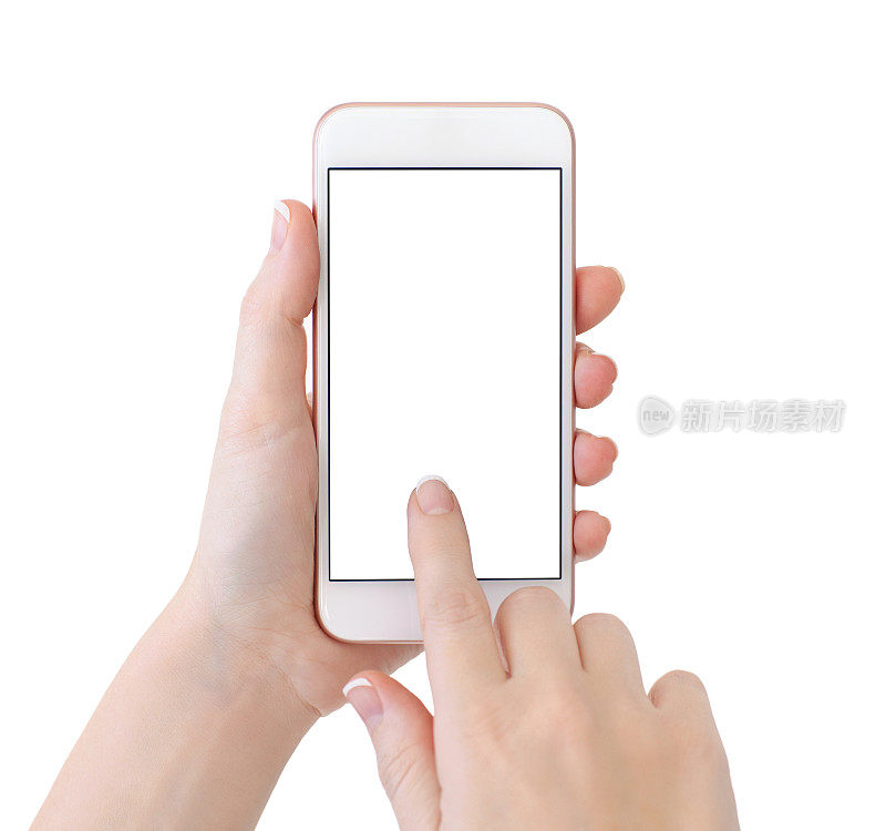 女人手握白色手机与孤立的屏幕