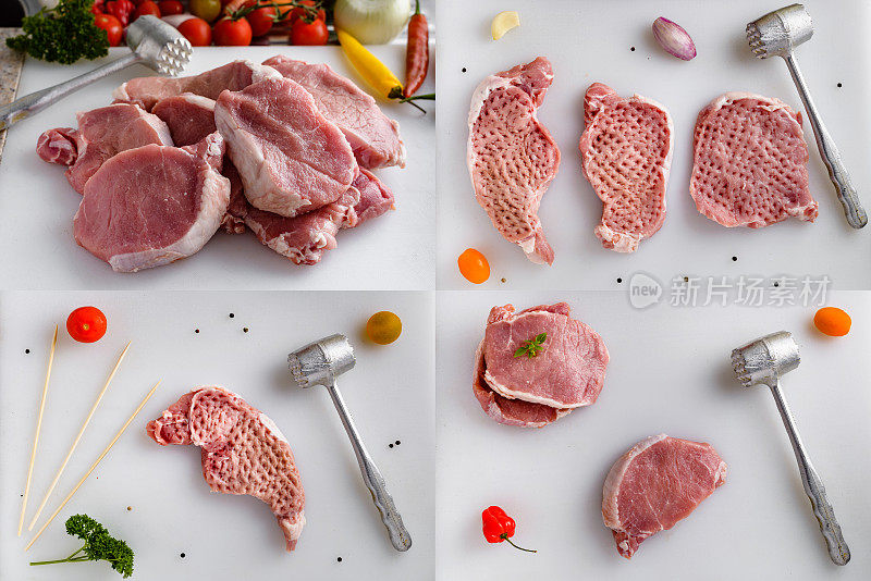 厨房桌上有生肉，猪肉。蔬菜和肉锤在背景。肉类加工用肉锤。厨房桌上放着生肉，切成薄片的猪肉。套装照片的拼贴画。